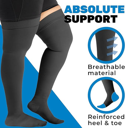 ABSOLUTE SUPPORT Wide Calves Thigh High Compression Socks for Women & Men 20-30mmHg, Unisex Opaque Over Knee Compression Stockings for Pregnant, Nursing, Sports, Travel, Flying, Black, 4X-Large