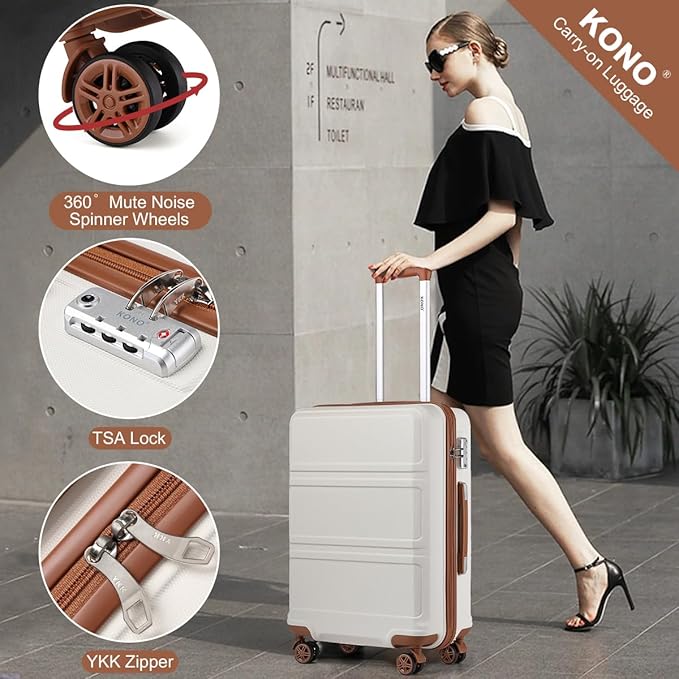 Kono 3 Piece Luggage Sets Expandable(only 28") with Spinner Wheels TSA Lock Lightweight PC+ABS Hardside Travel Rolling Suitcases 20in 24in 28in Carry on Cream White