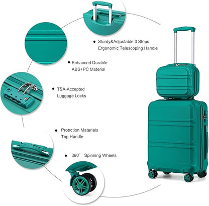 Kono Carry On Luggage Set Airline Approved Lightweight PC+ABS Carry On Suitcase with TSA Lock Spinner Wheels Durable Luggage Hardside Turquoise