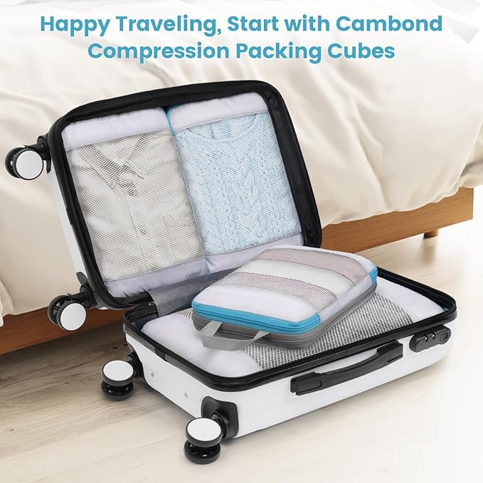 Cambond See Through Compression Packing Cubes Mesh - 4 Pack Mesh Packing Cubes for Travel Women, Lightweight Expandable Travel Bag Organizer Compression Cubes for Carry on Suitcase, White