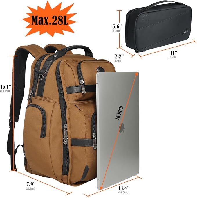 WELKINLAND 24H Business Backpack for Men with Toiletry Bag, 16" Laptop Executive Backpack for Mens, 28L Business Computer Backpacks, Heavy Duty Laptop Backpack, Carry-on Executive Backpacks for Men