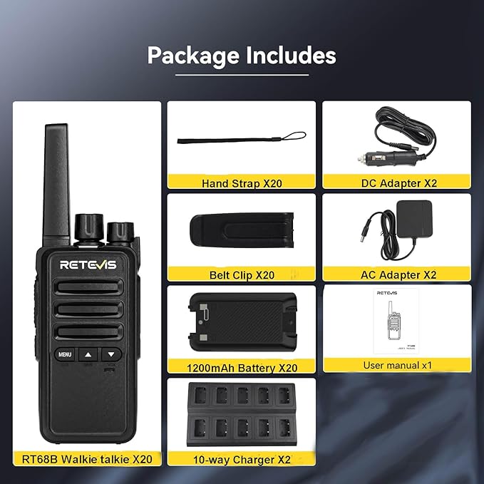 Retevis RT68B Long Range Walkie Talkies for Adults, with 10 Multi Way Charger, Easier Securer Charging, Rechargeable Two Way Radios for School Industry Warehouse(20 Pack)