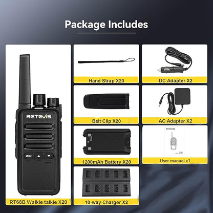 Retevis RT68B Long Range Walkie Talkies for Adults, with 10 Multi Way Charger, Easier Securer Charging, Rechargeable Two Way Radios for School Industry Warehouse(20 Pack)