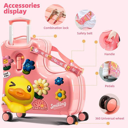 Kids Luggage, Lightweight Ride on Luggage with Spinner Wheels & Foldable Design (20-Inch+ Aged 1-3 Toddler, Pink Flower),Birthday Gift
