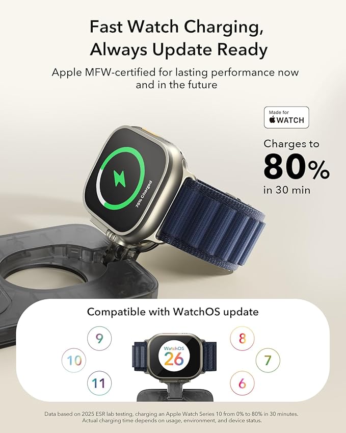 ESR 3 in 1 Charging Station for Apple, Qi2.2 25W MagSafe Charger with CryoBoost, Phone-Cooling Wireless Charging Station, Foldable, for iPhone 17/16 with iOS 26, AirPods, Apple Watch, Frosted Graphite