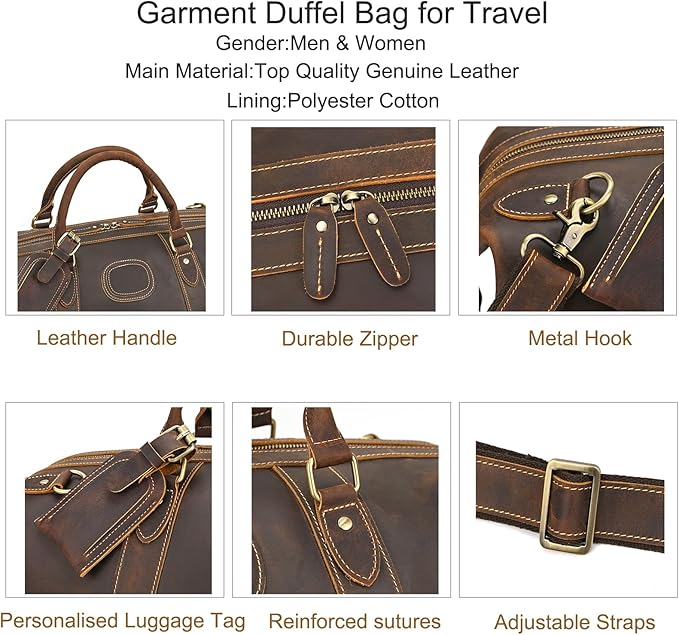 Full-grain Genuine Leather Travel Bag Large Capacity Luggage Duffel Bag for Men Shoulder Handbag Holiday Business Trip Bag, Brown
