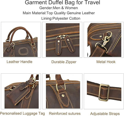 Full-grain Genuine Leather Travel Bag Large Capacity Luggage Duffel Bag for Men Shoulder Handbag Holiday Business Trip Bag, Brown