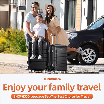 SHOWKOO Luggage Sets Expandable PC+ABS Durable Suitcase Double Wheels TSA Lock Black