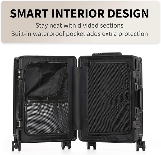 20 Inch Aluminum Frame Carry On Luggage 22x14x9 Airline Approved with Spinner Wheels,Zipperless Hard Shell Small Rolling Suitcases with TSA Approved USB Port,Cup & Phone Holder,Black