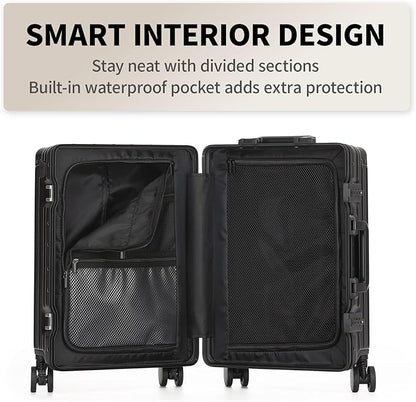 20 Inch Aluminum Frame Carry On Luggage 22x14x9 Airline Approved with Spinner Wheels,Zipperless Hard Shell Small Rolling Suitcases with TSA Approved USB Port,Cup & Phone Holder,Black