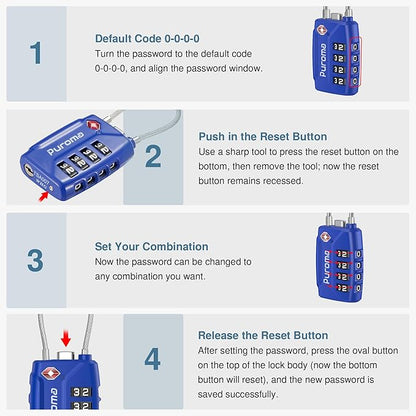 Puroma 2 Pack TSA Approved Luggage Locks, 4 Digit Combination Travel Locks Resettable Code Lock with Zinc Alloy Body for Suitcase, Toolbox, Backpack, Bag, Gym Locker (Basic Blue)