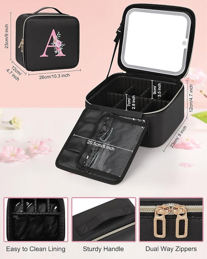 Relavel Initial Makeup Bag with LED Mirror for Women Girls, Personalized Travel Cosmetic Organizer Train Case, Birthday Gifts for Grandkids Bridesmaid Graduation Teacher Friends, Trendy Stuff, Black K
