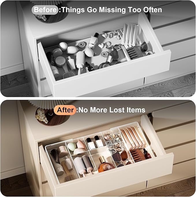 Expandable Desk Drawer Organizer, Acrylic Drawer Organizer Trays with 11 Adjustable Compartments 6 Removable Dividers Desk Accessories for Makeup Utensil Junk Office Kitchen Bathroom ( Clear, 1Pcs )
