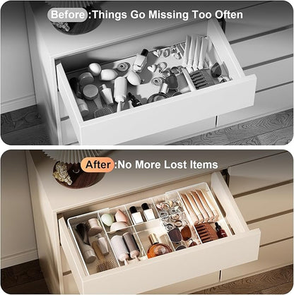 Expandable Desk Drawer Organizer, Acrylic Drawer Organizer Trays with 11 Adjustable Compartments 6 Removable Dividers Desk Accessories for Makeup Utensil Junk Office Kitchen Bathroom ( Clear, 1Pcs )