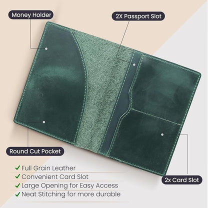 Leather Passport Holder with Travel Wallet, Genuine Leather Passport Cover- Passport Wallet, Leather Folding Wallet for Passports (Oval Cut, Green)