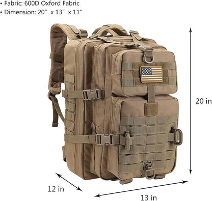 MOLLE Assault Pack, Tactical Backpack Military Army Camping Rucksack, 3-Day Pack Trip w/USA Flag Patch, D-Rings, Coyote