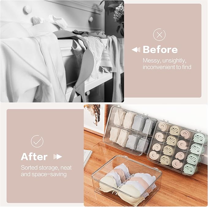 DILIBRA 2pcs Socks Bra Underwear Organizer for Closet, 16 Compartment Removable Divided Plastic Sock Storage Box with Lid, Clear Dresser Drawer Organizer Storage Container for Bra Socks Ties Scarf