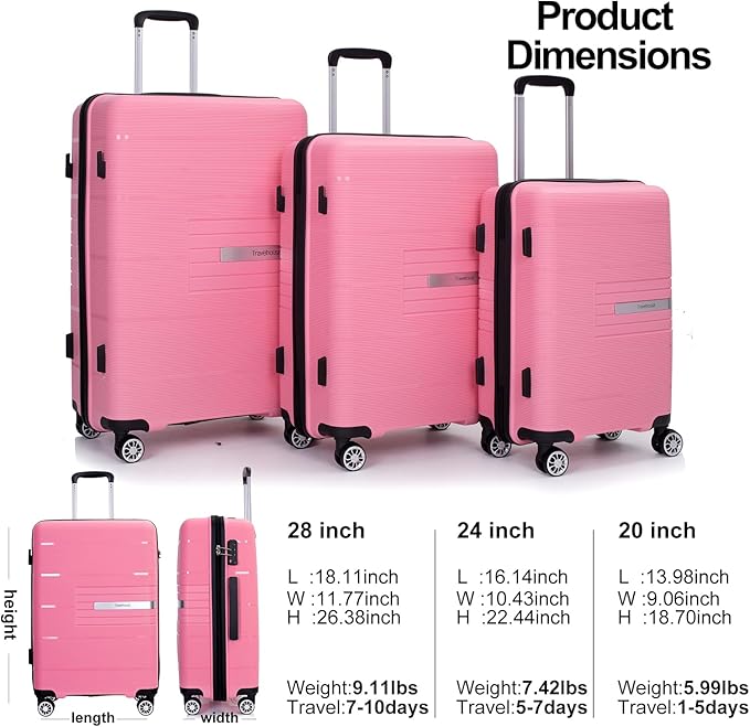 Luggage 3 Piece Sets Suitcase Set with Double Spinner Wheels, Lightweight Carry On Hardside Travel Luggage with TSA Lock, (20/24/28) (Pink)