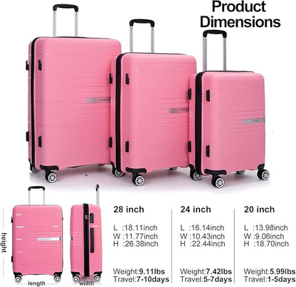 Luggage 3 Piece Sets Suitcase Set with Double Spinner Wheels, Lightweight Carry On Hardside Travel Luggage with TSA Lock, (20/24/28) (Pink)