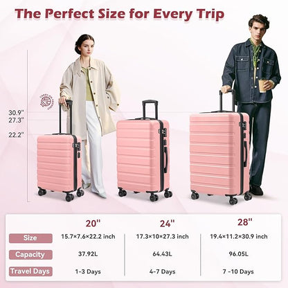 AnyZip Suitcase Hardside PC ABS Lightweight USB Luggage with Wheels TSA Lock Checked-Medium 24 Inch Pink