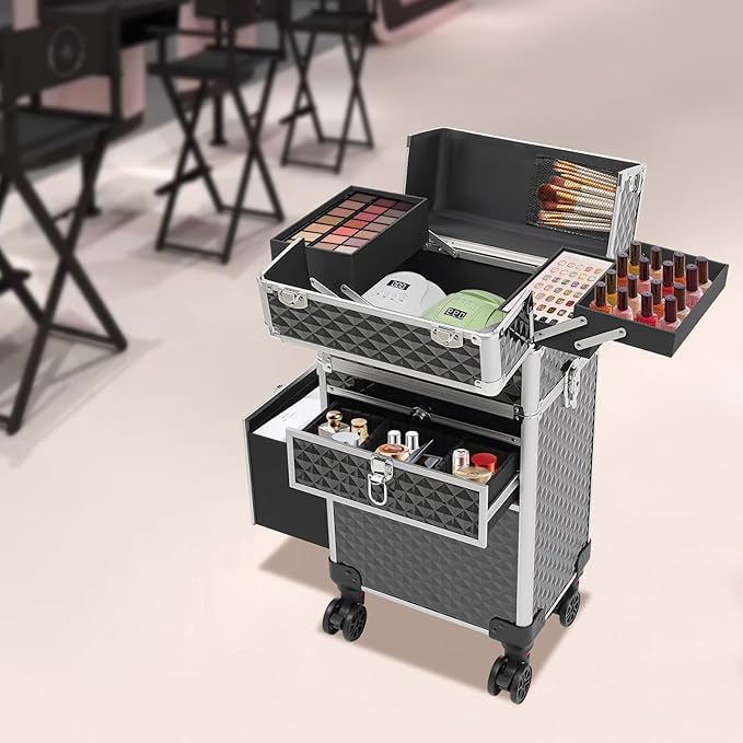 Beauty Luggage Rolling Lockable Makeup Train Case Stylist Cosmetic Luggage Travel Organizer with Hair Dryer Holder & Compartment