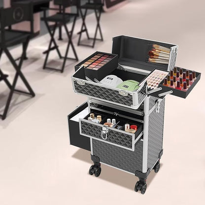 Beauty Luggage Rolling Lockable Makeup Train Case Stylist Cosmetic Luggage Travel Organizer with Hair Dryer Holder & Compartment