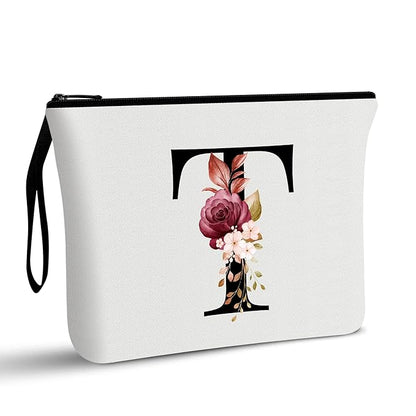 Vavabox A-Z Personalized Makeup Bag, Birthday Gifts for Women Mom, Gifts for Best Friend, Bride Bridesmaid Cosmetic bag (T, White)