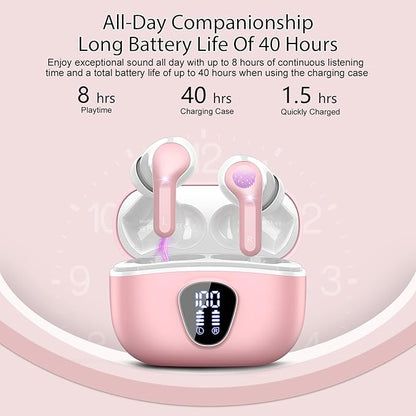 Wireless Earbuds, Bluetooth 5.4 Headphones HiFi Stereo, Bluetooth Earbuds with ENC Noise Cancelling Mic, IP7 Waterproof in Ear Earphones, 48H, LED Display Ear Buds for Pad Phones Workout Sports, Pink