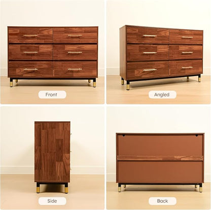 Walnut Dresser for Bedroom, 6 Drawer Brown Wood Dresser with Modern Storage Organizer, Wide Chest of Drawers for Closet, Clothes, Living Room