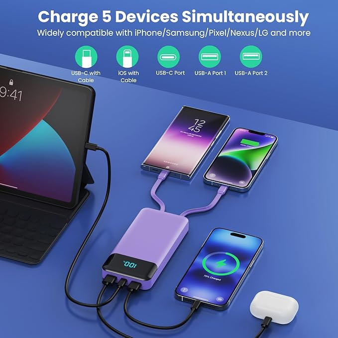Portable Charger 40800mAh Power Bank with 3 Built-in Cables,PD 25W USB C in&Out Power Bank Fast Phone Charging,QC4.0 5 Output Travel Camping Essential Battery Pack for iPhone 17/16,Samsung etc-Purple