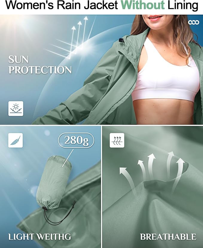 33,000ft Women's Waterproof Long Rain Coats Packable Rain Jacket with Hood Trench Coats Windbreaker