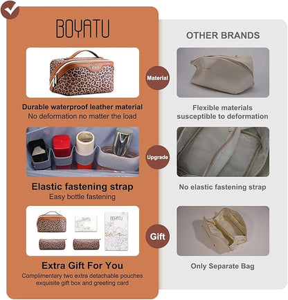BOYATU Travel Makeup Bag for Women: 3 Pcs Set Portable Make up Bags with Handle - Leopard Print Cosmetic Bags with Comparments - Waterproof Vegan Leather Toiletry Bag (01-A-Brown)