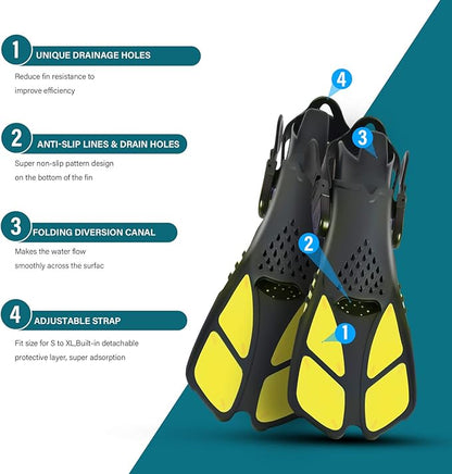 Kids Snorkeling Set Children Mask Fin Snorkel Set Snorkeling Gear Snorkel Mask + Adjustable Swimming Kids Flippers+ Dry Snorkel Tube + Travel Bags