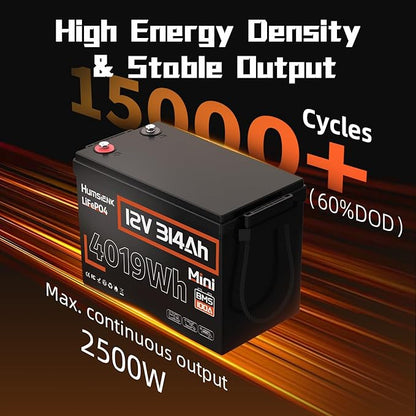 48V 314Ah (4 Pack 12V 314Ah) LiFePO4 Lithium Battery Max. 4019Wh Energy, 15000+ Deep Cycles,200A BMS with Bluetooth, Lithium Iron Phosphate Rechargeable Battery Great for RV, Marine and Off Grid