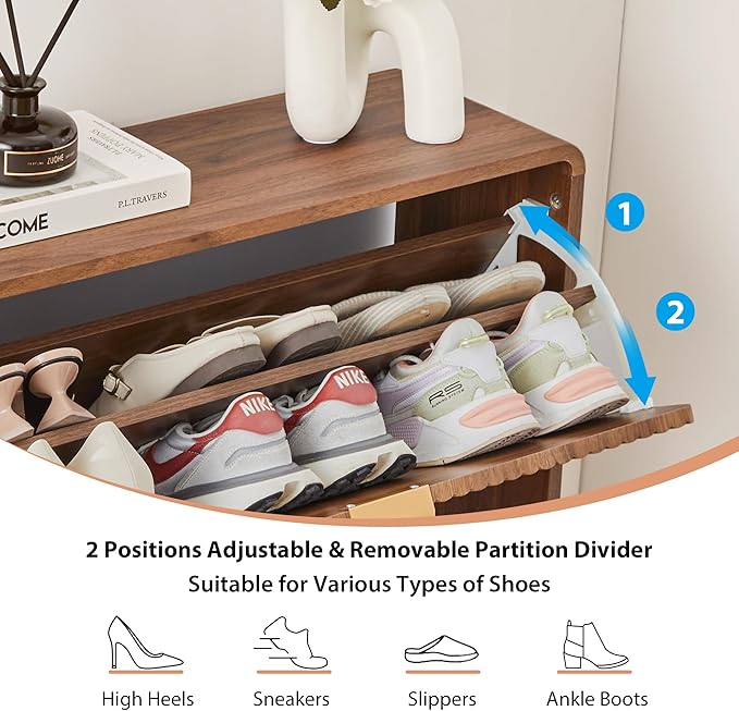 RARZOE Set of 2 Fluted Shoe Storage Cabinets for Entryway, Narrow Curved Shoe Cabinet with 2 Flip Drawers, Freestanding Wood Hidden Shoe Organizer Closed Shoe Rack Cabinet for Foyer,Hallway (Walnut)