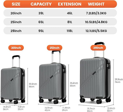 PRIMICIA GinzaTravel Luggage Sets 3-Piece Expandable Suitcases with Wheels PC+ABS Durable Hardside Luggage sets TSA lock (3-Piece Set(20"/25"/29"), Dark Gray)