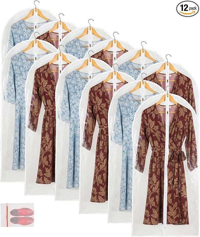 Clear Garment Bag Long Garment Bags for Gowns, Vinyl Dress Bags for Closet Storage, Coat Covers for Closet With Zipper Plastic Garment Bags for Hanging Clothes Long Dress - 24'' X 48''/12 Pack