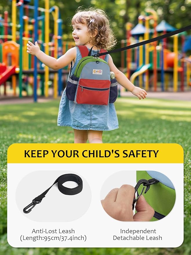 Toddler Backpack with Leash for Boys Girls Kids Kindergarten Nursery, 11” Baby Leash Backpack with Reflective, Toddler Bookbag with Anti-Lost Harness for Walking, Orange&Red