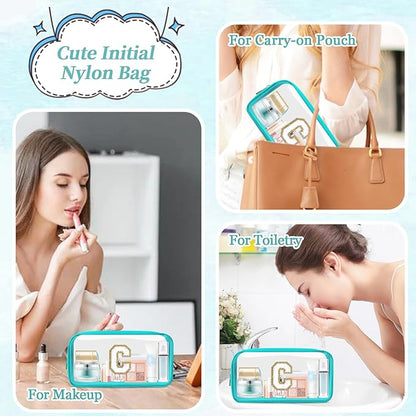 Small Clear Personalized Initial Makeup Bag,Nylon Preppy A-Z Chenille Letter Patch Cosmetic Pouch Beach Toiletry Bag,Waterproof Zipper Travel Purse Storage Bag Organizer for Women Girls(Cyan-White C)