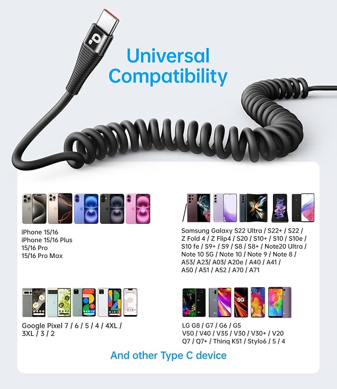 USB C to C Cable for Car 3FT&5FT, Coiled USB C Fast Charging Cable for iPhone 16 Short USB Type C Cable for iPhone 17/16/15/Pro Max/Plus/Samsung Galaxy S23, Compatible All Type C Devices-Black