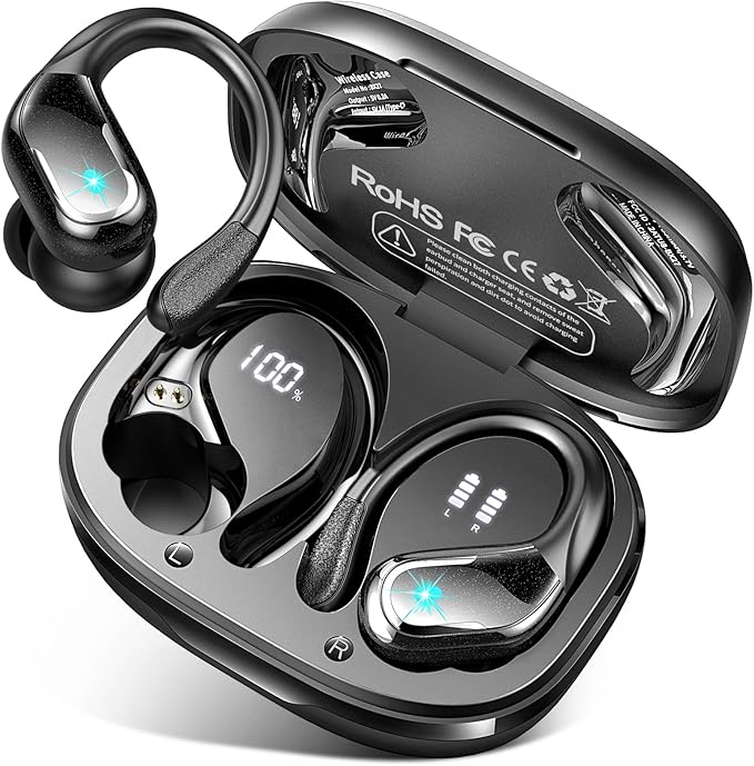Wireless Earbud, 75Hrs Bluetooth 5.4 Headphones IP7 Waterproof for Sport, Running Wireless Earphones with ENC Noise Cancelling Mics, Deep Bass Over Ear bud with Earhooks for Android, iOS, Workout, Gym
