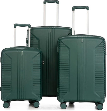 3-Piece PP Hard Shell Spinner Luggage Set (20" 24" 28") with Combination Lock, Adjustable Pull Rod Suitcases, Eemerald