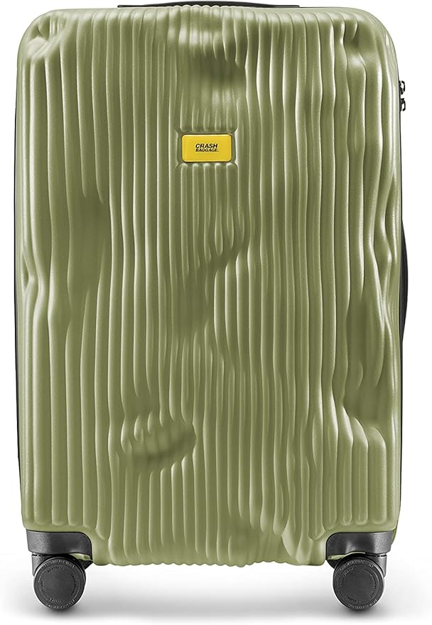 CRASH BAGGAGE Stripe Suitcase | Olive | 66L | 100% Polycarbonate, TSA-Approved Lock, 360° Spinning Wheels