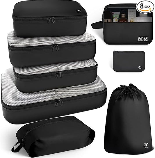 HOTOR Packing Cubes for Suitcases - 8 Pieces, Light Packing Cubes for Travel, Premium Suitcase Organizer Bags Set, Space-Saving Luggage Organizers, Travel Accessories and Essentials, Black
