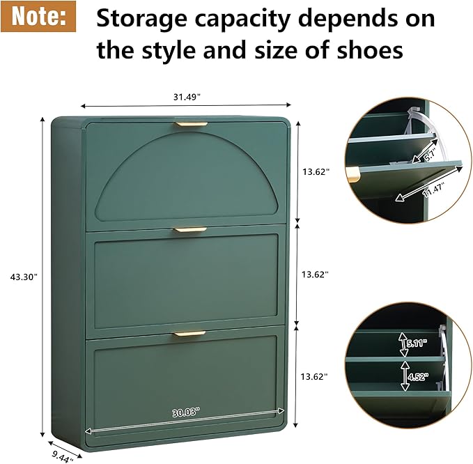 Hidden Shoe Cabinet with Drawer, Free Standing Narrow Shoe Rack Cabinet for Entryway Slim, 3 Flip Drawer Shoe Storage Organizer Cabinet for Entry,Hallway,Door,Dorm,Small Spaces - Green