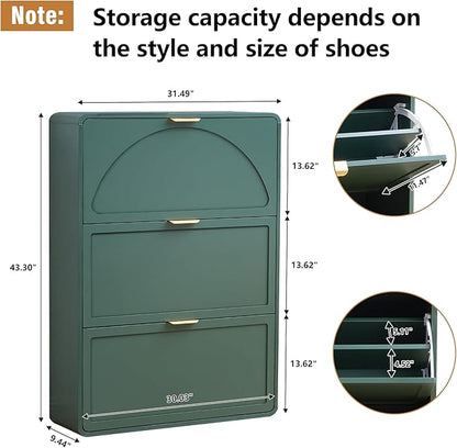 Hidden Shoe Cabinet with Drawer, Free Standing Narrow Shoe Rack Cabinet for Entryway Slim, 3 Flip Drawer Shoe Storage Organizer Cabinet for Entry,Hallway,Door,Dorm,Small Spaces - Green