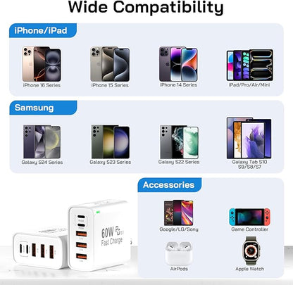 2Pack USB C Fast Charger Block, 60W 5-Port USB C Wall Charger 30W Type C Charging Block, 2USB C+3USB A PPS/PD 3.0 Multiport Charging Cube for iPhone 17 16 15 14 Pro Max,for Galaxy S25 S24 Ultra, i Pad