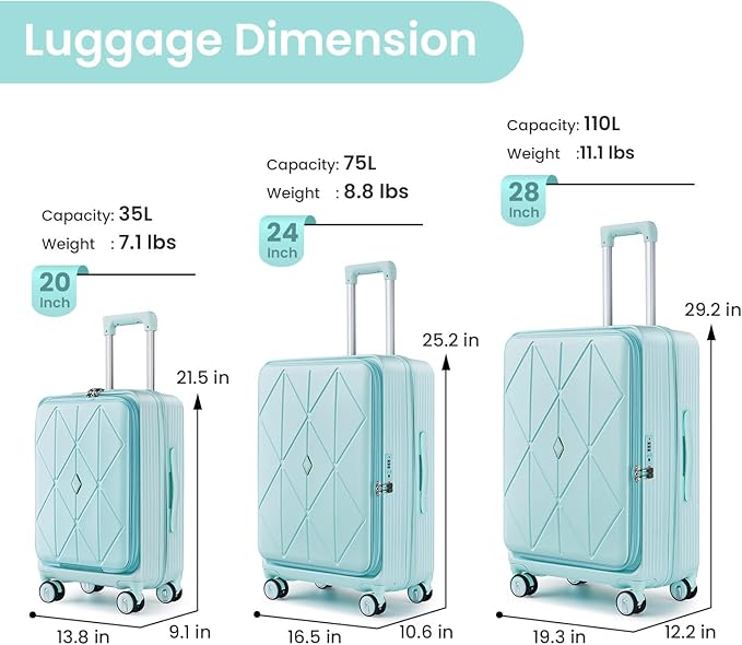 Merax 100% PC Hard Shell Luggage Set, 3 Piece Lightweight TSA Lock Spinner Suitcase with Front Pocket, Airline Approved, Mint Green, 20/24/28 Inch