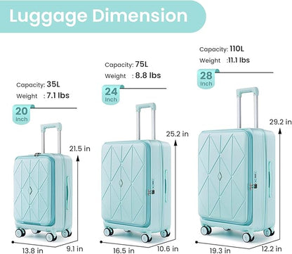 Merax 100% PC Hard Shell Luggage Set, 3 Piece Lightweight TSA Lock Spinner Suitcase with Front Pocket, Airline Approved, Mint Green, 20/24/28 Inch