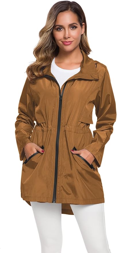 Avoogue Women's Long Raincoat with Hood Outdoor Lightweight Windbreaker Rain Jacket Waterproof